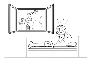 Vector cartoon stick figure drawing conceptual illustration of tired man in bed woken or woke by rooster crowing on garden.