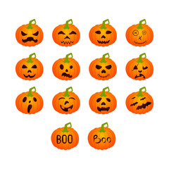 Set of pumpkin icons with emotions, halloween decoration, vector.