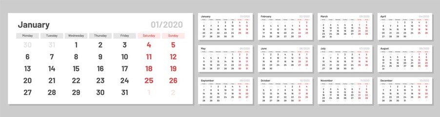 Wall quarterly calendar for 2020 year in clean minimal style. Week Starts on Monday. Set of 12 Months. Ready for print.