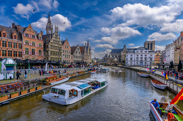 View of Graslei, Korenlei quays and Leie river in the historic city center in Ghent (Gent),...