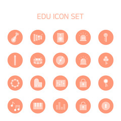 Icons related to music and music education such as guitar, xylophone. note, drum, piano, etc. and security-related warning light, key, etc.