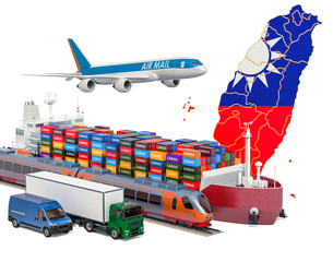 Cargo shipping and freight transportation in Taiwan by ship, airplane, train, truck and van. 3D rendering