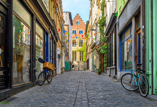 Old narrow street in Ghent (Gent), Belgium. Architecture and landmark of Ghent. Cozy cityscape of Ghent.