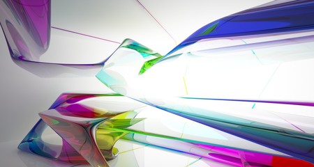 Abstract white and colored gradient glasses interior multilevel public space with window. 3D illustration and rendering.