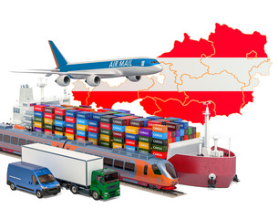 Cargo shipping and freight transportation in Austria by ship, airplane, train, truck and van. 3D rendering