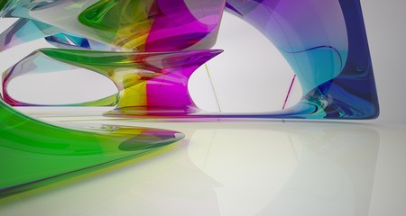 Abstract white and colored gradient glasses interior multilevel public space with window. 3D illustration and rendering.