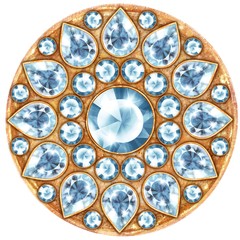 Mandala with blue gems. Round pattern, jewelry decoration with diamonds on white background