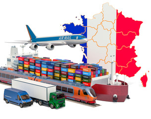Cargo shipping and freight transportation in France by ship, airplane, train, truck and van. 3D rendering