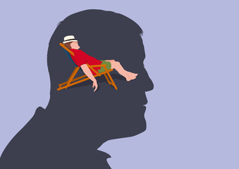 Concept de la relaxation mentale, avec un homme vu de profil qui s’imagine allongé sur une chaise longue en train de se reposer.