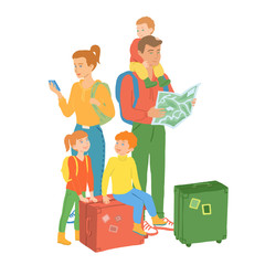 A family of tourists travels with suitcases. parents and children on vacation. vector hand drawn isolated illustration.