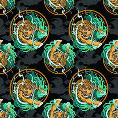 Illustration doodle and paint Tiger walking  on cloud or haven Illustration doodle and paint design for seamless pattern with black ground 