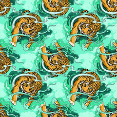 Illustration doodle and paint Tiger walking  on cloud or haven Illustration doodle and paint design for seamless pattern with pastel blue background 