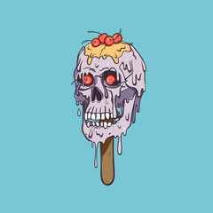 Skull ice lolly with red cherry melts and flows. Creepy cartoon blue ice cream illustration for prints, t-shirts, Halloween or tattoo.
