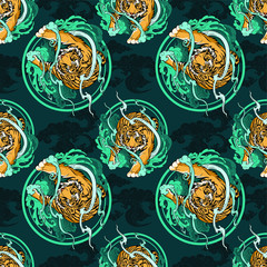 Illustration doodle and paint Tiger walking  on cloud or haven Illustration doodle and paint design for seamless pattern with deep blue background 
