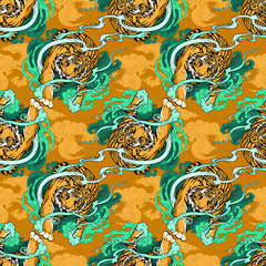 Illustration doodle and paint Tiger walking  on cloud or haven Illustration doodle and paint design for seamless pattern with  yellow gold background 