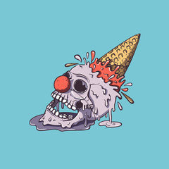 Clown skull ice cream fell on the ground, waffle cone sticking up and splashes fly away, the ice cream melts and flows. Creepy cartoon illustration for prints, t-shirts, Halloween or tattoo.