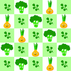 Kawaii Broccoli And Onion background. Seamless vector pattern