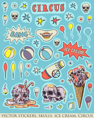 Set of stickers, pins. Skull, ice cream and circus attributes. Creepy, fun cartoon illustration. Vintage calm colors.