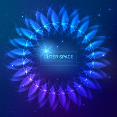 Dark blue cosmic background with stars and light effects