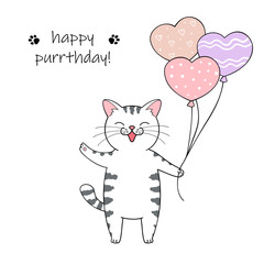 Cute cartoon cat holding balloons. Hand drawn illustration for birthday greeting card