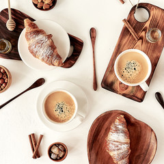 breakfast pattern, croissant, coffee, honey, cinnamon sticks, nuts, sugar. Good morning concept,...