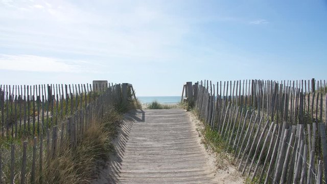 Path to the mediterranean sea fix shot sand dunes vegetation and wood fences 