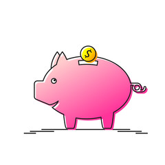 Piggy bank and coin in line art on white background
