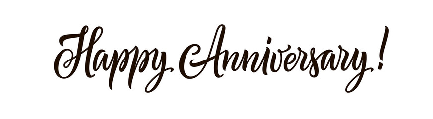 Happy anniversary text isolated on white background. Hand drawn black color lettering for horizontal greeting banner, card, invitation and poster. Calligraphy illustration and quote. Typography