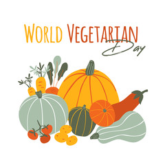 World Vegetarian Day card on white background. Autumn vegetables composition with natural healthy food. Colorful hand drawn illustration in cartoon style.