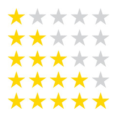 Star rating icons. 5 stars in the row for review. Vector illustration.
