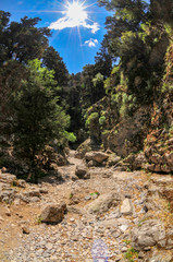 Sun shines down on the rocky path of the Imbros Gorge on the island of Crete.
