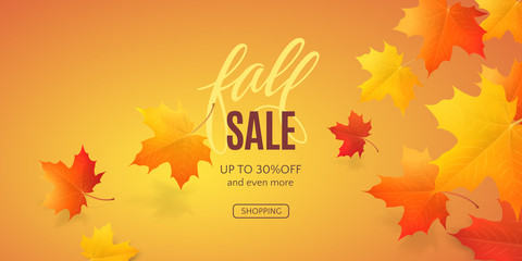 Horizontal banner with 3D realistic colored maple leaves and text Fall Sale on autumn background. Vector seasonal template with falling foliage, lettering for flyers with discount or special offers.