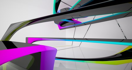 Abstract smooth white and colored gradient  interior multilevel public space with window. 3D illustration and rendering.