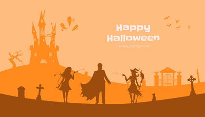 Halloween banner with fantasy silhouettes. Landscape of cemetary with witch, vampire and devil. Holiday scene of october party