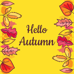 Fototapeta na wymiar Hello Autumn Banner with Hand Drawn Dry Leaves