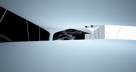 Abstract smooth white and black interior multilevel public space with window. 3D illustration and rendering.