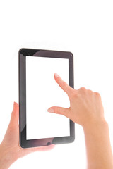 in human hands tablet computer touch-screen gadget with isolated