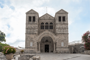Fototapeta na wymiar Facade of the catholic Christian Transfiguration Church located on Mount Tavor near Nazareth in Israel