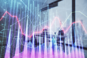 Business theme graph hologram with minimalistic cabinet interior background. Double exposure. Stock market concept.