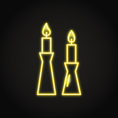 Burning candles in candlestick icon in neon line style