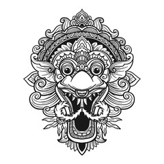 Traditional ritual Balinese mask. Vector outline illustration for coloring book isolated.