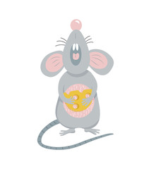 Cute cartoon mouse with cheese. Symbol of 2020 year. Vector illustration