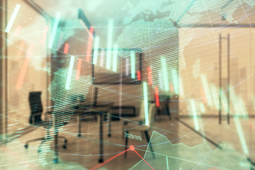 Forex chart hologram with map and minimalistic cabinet interior background. Double exposure. International business concept.