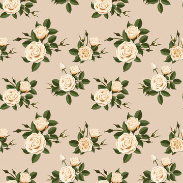 Seamless pattern with beige roses. Vector illustration. Nature background.