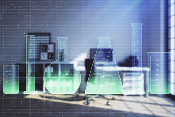 Flask hologram with minimalistic cabinet interior background. Double exposure. Study concept.