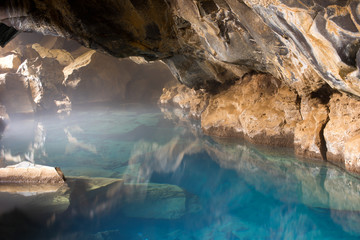 Natural hot geothermal spring cave Grjótagjá in Iceland, Europe.