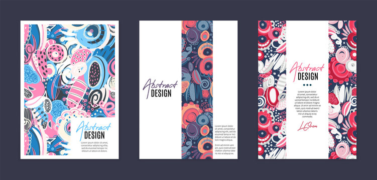 Set of vector templates. Hand drawn abstract shapes, scribbles, spirales. Stains and spots of paint. It can be used as book, notebook or magazine cover, brochure, booklet, annual report, flyer