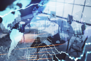 Double exposure of stock market graph with globe hologram on conference room background. Concept of international finance