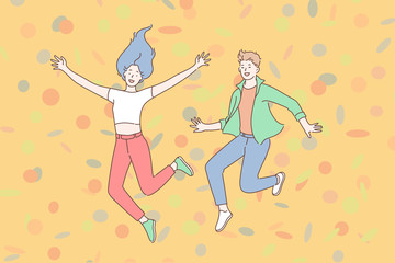 Holiday, victory, party concept. Young guy and girl teens rejoice and dance fun at a party together. Vector flat design.