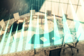 Double exposure of forex chart on conference room background. Concept of stock market analysis